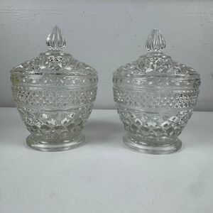 Vtg Anchor Hocking Wexford Glass Vanity Jars Set of 2 Dresser Jars
